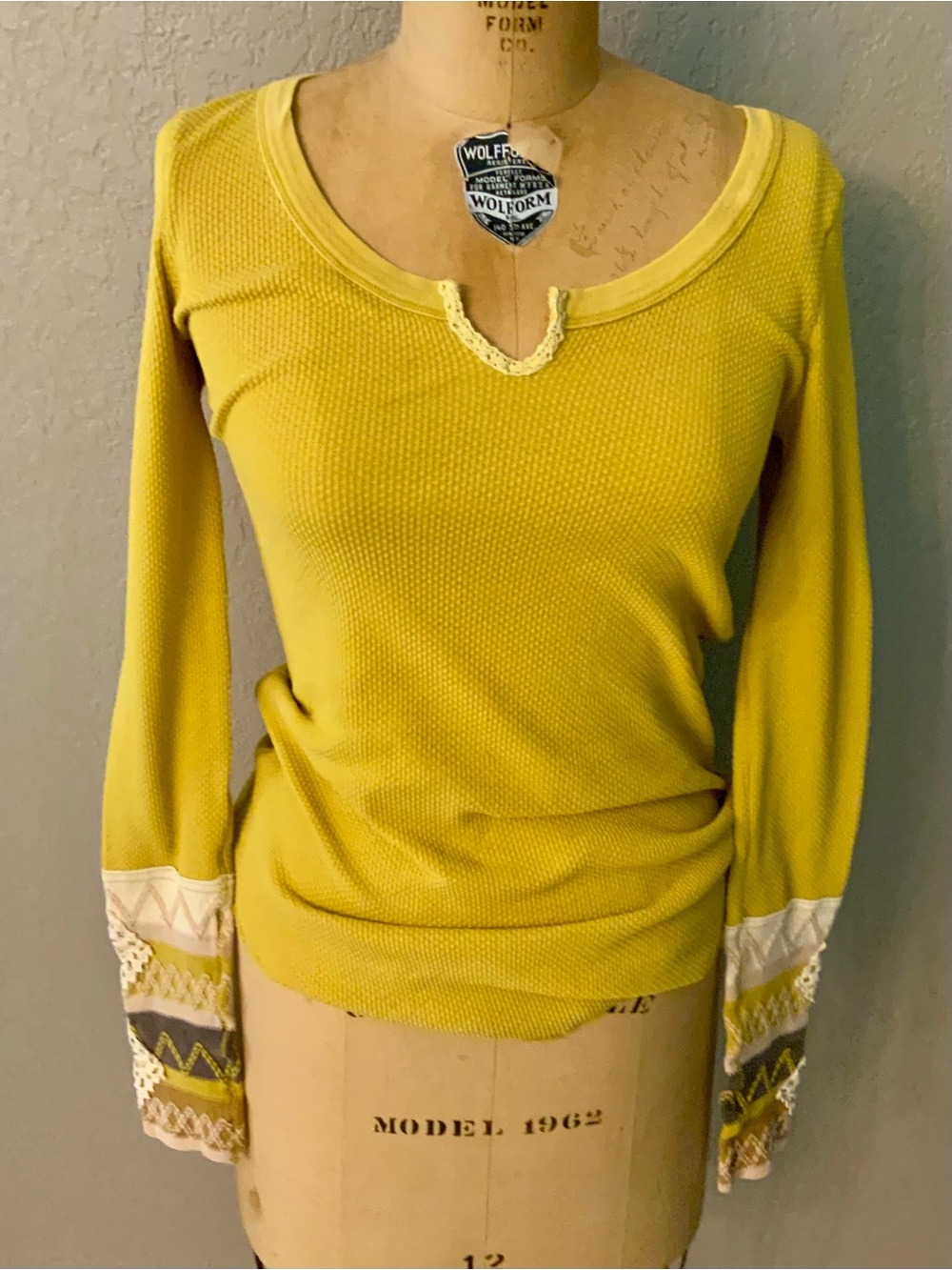 Free People Kambucha Mustard Long Sleeve Thermal Top with Crochet Cuff Detail